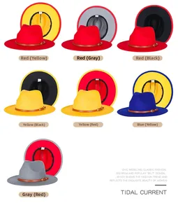 Detail view of multicolored felt fedora hats with stylish leather decorative buckle bands