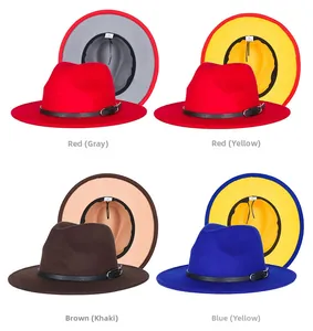 Detail view of two-tone wool fedora hats with leather belts in four color variants