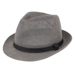 Breathable grey knit fedora hat with black faux leather strap for summer sun protection