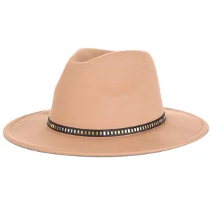 British Style Wool Felt Fedora Hat For Women Men Retro Wide Brim Jazz Hat With Rivet Belt Autumn Winter Warm Panama Cap