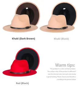 Detail of color-block wool fedora hats with leather belts in khaki and red styles