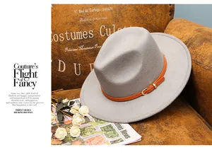 Detail of light gray wool fedora with an orange leather belt strap and metal buckle