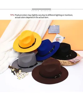 Collection of felt fedora hats in various colors with stylish decorative leather bands