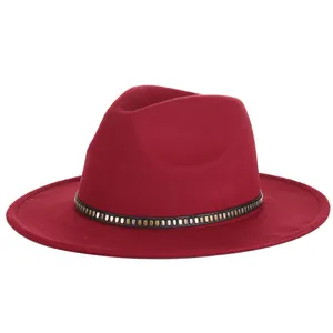 Classic wine red wide brim wool fedora hat with elegant metallic buckle band decor