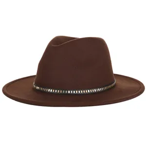 Dark brown wide brim wool fedora hat featuring a black band with metallic studs