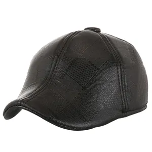 Classic black faux leather flat cap for men with diamond pattern and warm winter lining