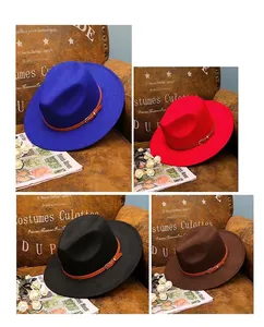 Collage of wide brim wool fedora hats in navy, red, black and brown with leather belts