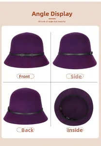 Multiple views of a purple wool cloche hat showing front side back and interior lining