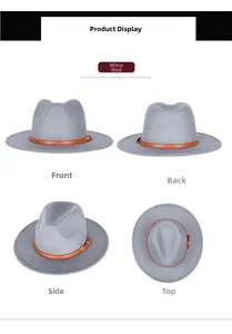 Detail view of grey wool fedora hat with brown leather band and gold buckle from four angles
