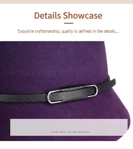 Detail of wool felt hat featuring a purple finish with leather belt and silver buckle