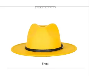 Front view of yellow wool fedora hat with black leather band and metal buckle detail