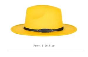 Detail of yellow wool fedora hat with black leather band and silver metal buckle