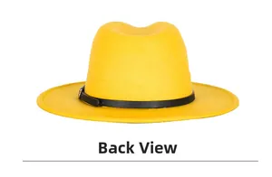 Back view of yellow jazz fedora hat with black leather strap and metal buckle detail