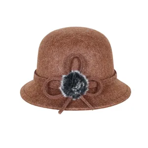 Chapeau Cloche Vintage en Mélange de Laine pour Femmes Hiver Chaud Avec Nœud et Pompon en Fausse Fourrure Chapeau Fedora Élégant