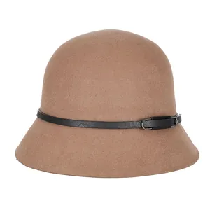Women Vintage Wool Cloche Hat Autumn Winter Warm Felt Bucket Hat Leopard Print Elegant Bowler Cap With Belt Decoration