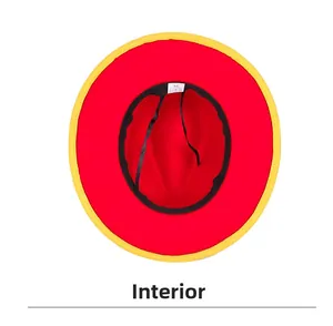 Interior detail of fedora hat with red lining, yellow brim and adjustable sweatband