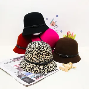 Chic wool cloche hats for women in assorted colors and leopard print with metal buckle