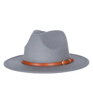 Dark gray wool fedora hat with a brown leather belt and gold metal buckle detail