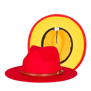 Classic two-tone red and yellow fedora hat with brown leather belt buckle for women