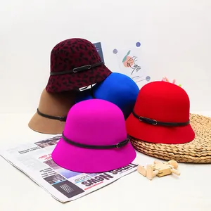 Chic pure wool fedora hat for women with leopard print and decorative leather belt strap