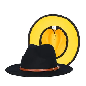 Classic black wool fedora hat with brown leather band and vibrant yellow lining detail