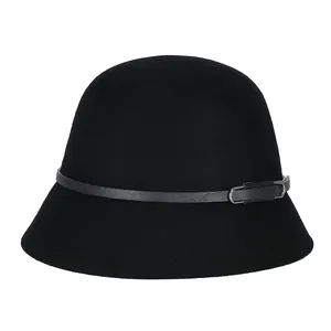 Elegant black wool cloche hat for women featuring a thin leather band with metal buckle