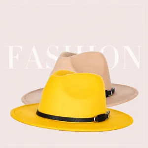 Contrast fedora hat in yellow and beige with wide brim and stylish leather strap band
