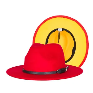 Red and yellow two-tone wool fedora hat with black belt and wide brim for fashion