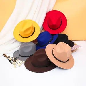 Classic wool felt fedora hats in seven vibrant colors with faux leather belt and metal buckle