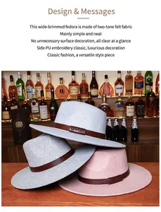 Close-up of wool fedora with 9cm wide brim and brown leather strap with metal detail