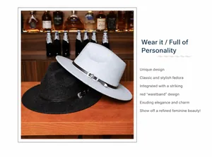 Detail of wide brim fedora hats with brown leather band and silver metal buckle