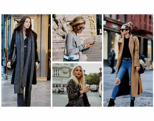 Collage of street style outfits featuring winter wool coats and knitted scarves