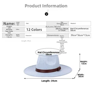 Detailed sizing chart and dimensions for the wide brim wool felt jazz hat with 9cm brim