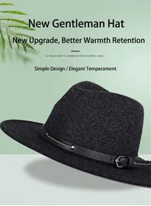 Detail of wool fedora hat featuring black leather band with silver buckle and rivets