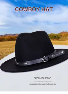 Detail of black wool fedora featuring leather band with silver buckle in outdoor setting