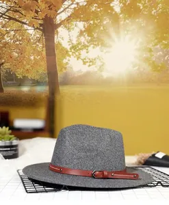 Detail of gray felt fedora hat featuring a wide brim and brown leather belt with metal buckle