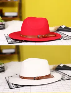 Dual view showing red and white wide brim fedora hats with brown leather bands