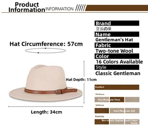 Detailed size chart for a wide brim wool fedora with brown leather belt trim