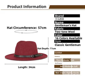 Detail of burgundy two-tone wool fedora with size specs and black leather band