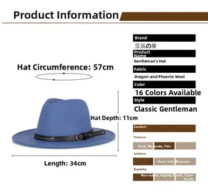Blue wool fedora hat with black leather belt detail and 57cm circumference size specs