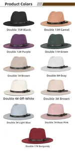 Collection of colorful felt fedora hats with leather belts for autumn and winter