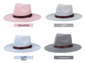 Four fedora hats in rose, light grey, light blue, and dark grey with leather bands