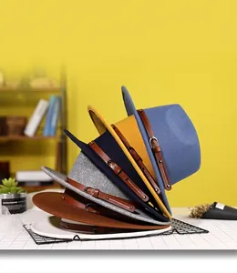 Selection of colorful wide-brimmed felt fedora hats with stylish leather buckle bands