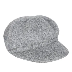 Classic grey wool blend newsboy cap with structured panels and a curved brim on white