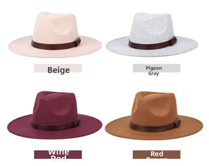 Detail view of wide brim fedora hats in beige, grey, wine red and brown wool felt