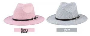 Detail view of Rose and Mixed Light Grey wool fedora hats with textured leather belts