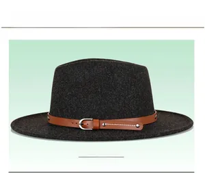 Front view of dark grey wool felt fedora with brown leather belt and metal buckle
