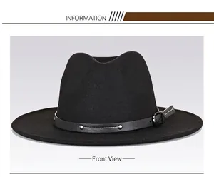 Close-up of black wide brim fedora hat featuring a leather band with silver metal studs