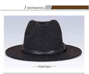 Front view of wide brim fedora hat in dark grey felt with studded leather belt detail