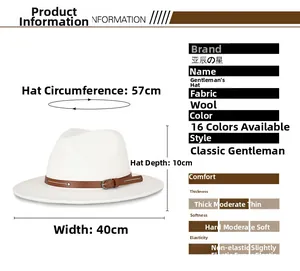 Infographic showing dimensions of white wool fedora hat with brown leather belt detail